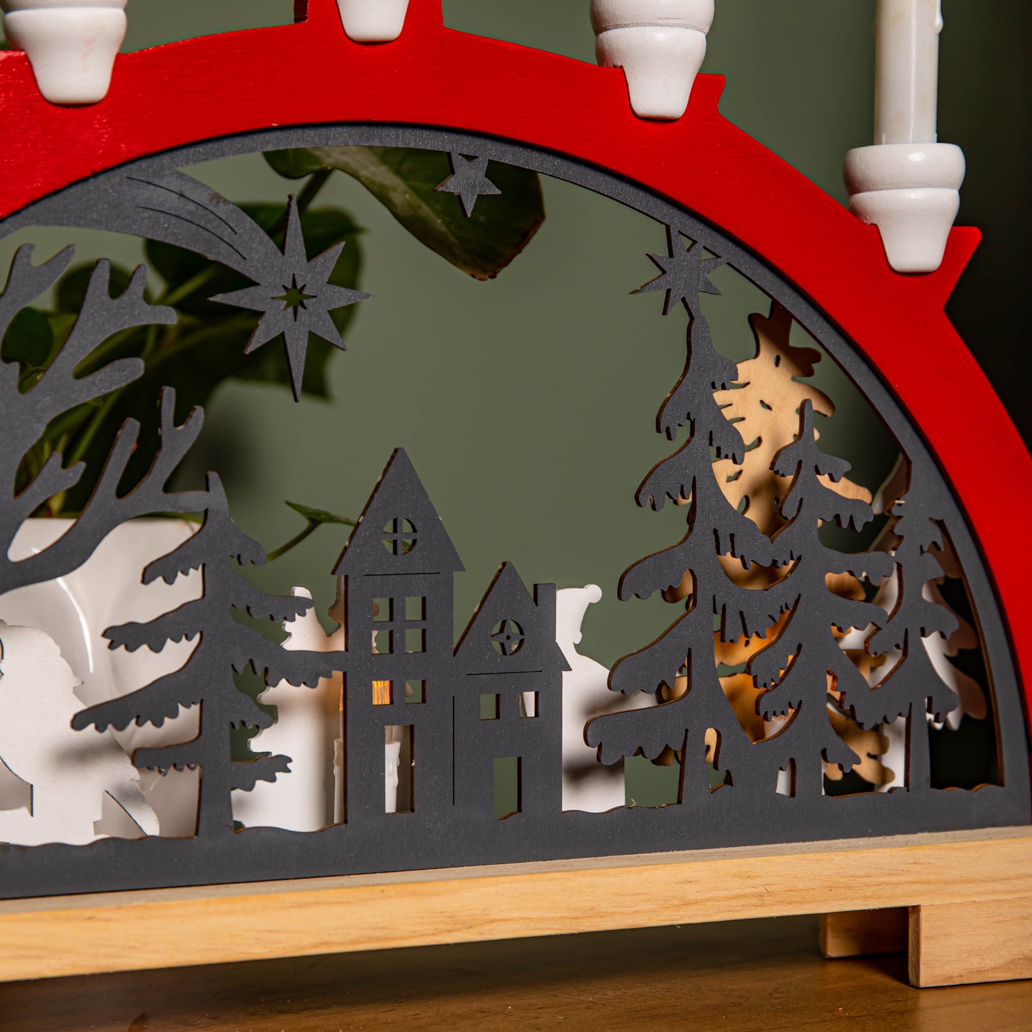 45cm Battery Operated Light up Red Wooden Christmas Candle Bridge with 9 Warm White LEDs