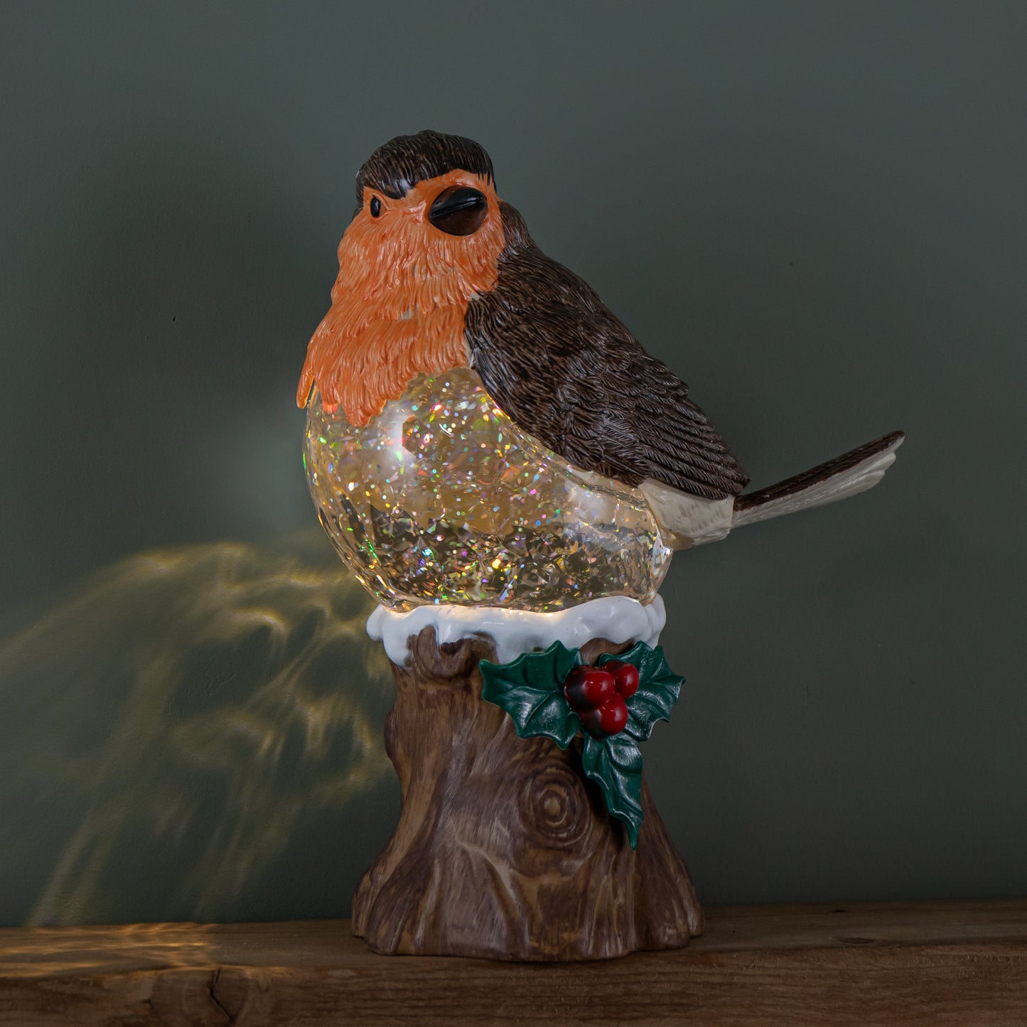 26cm Battery Operated Light up Christmas Robin Water Spinner with Warm White LEDs