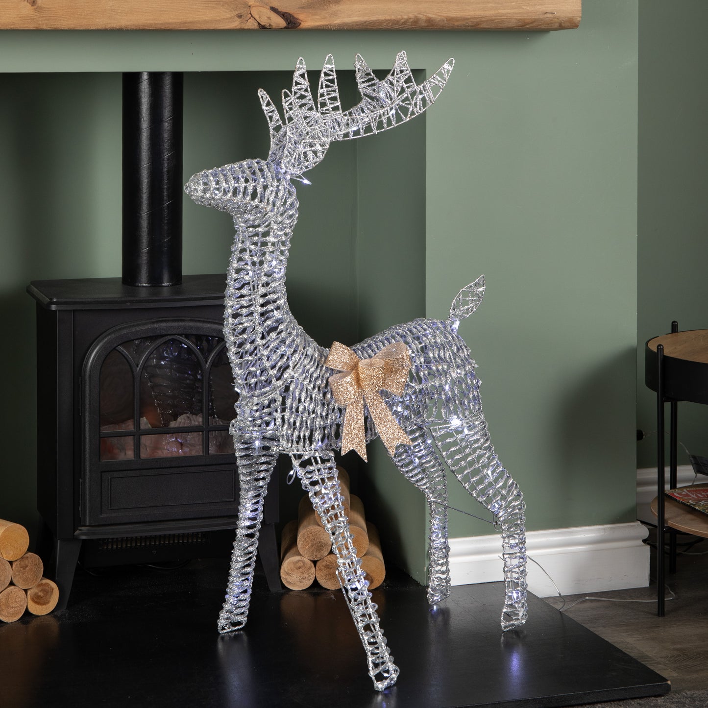 80cm Light up Silver Glitter Twist Christmas Reindeer with Cool White LEDs