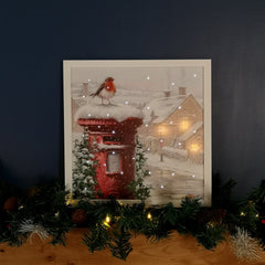 LED Battery Operated Fibre Optic Wall Art Canvas with a Robin and Postbox Christmas Decoration