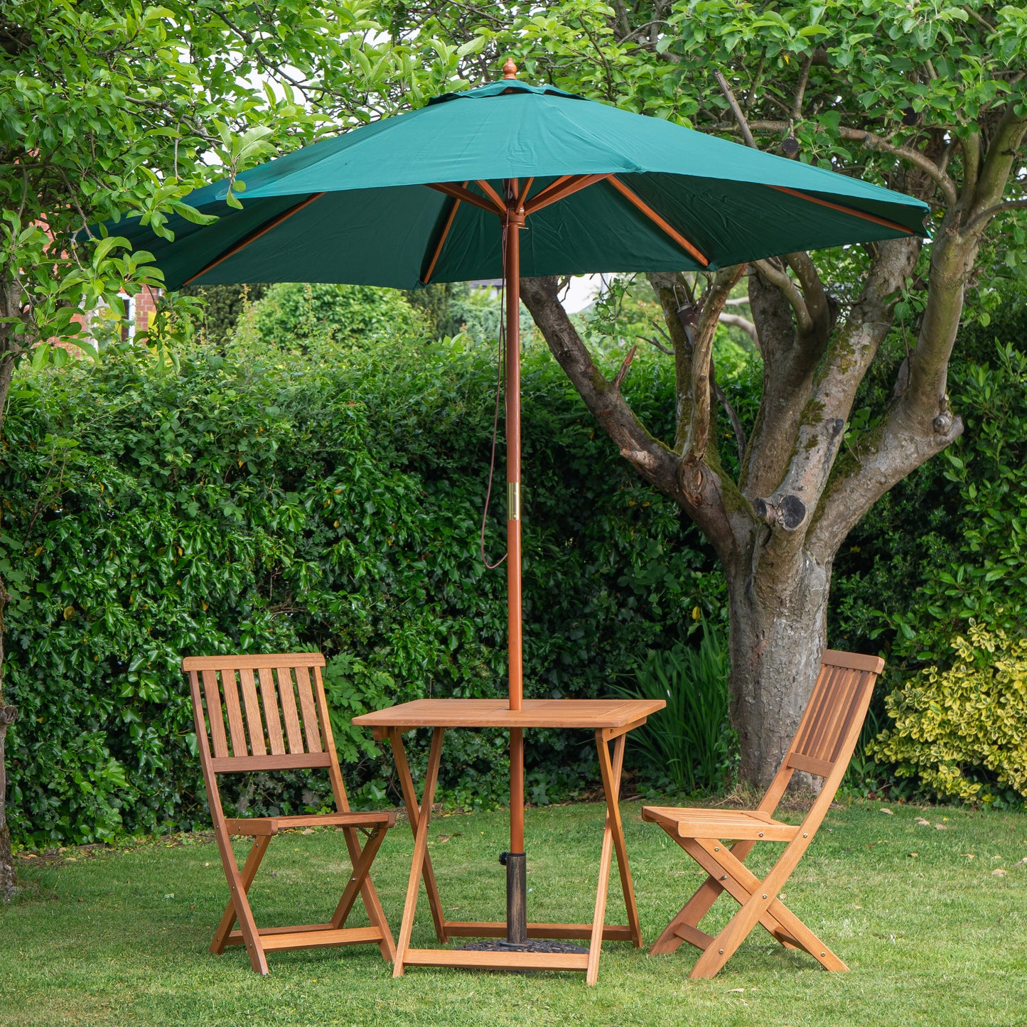 Outdoor 2 Person Folding Square Wooden Garden Dining Table Chairs Green Parasol and Base Set