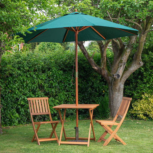 Outdoor 2 Person Folding Square Wooden Garden Dining Table Chairs Green Parasol and Base Set