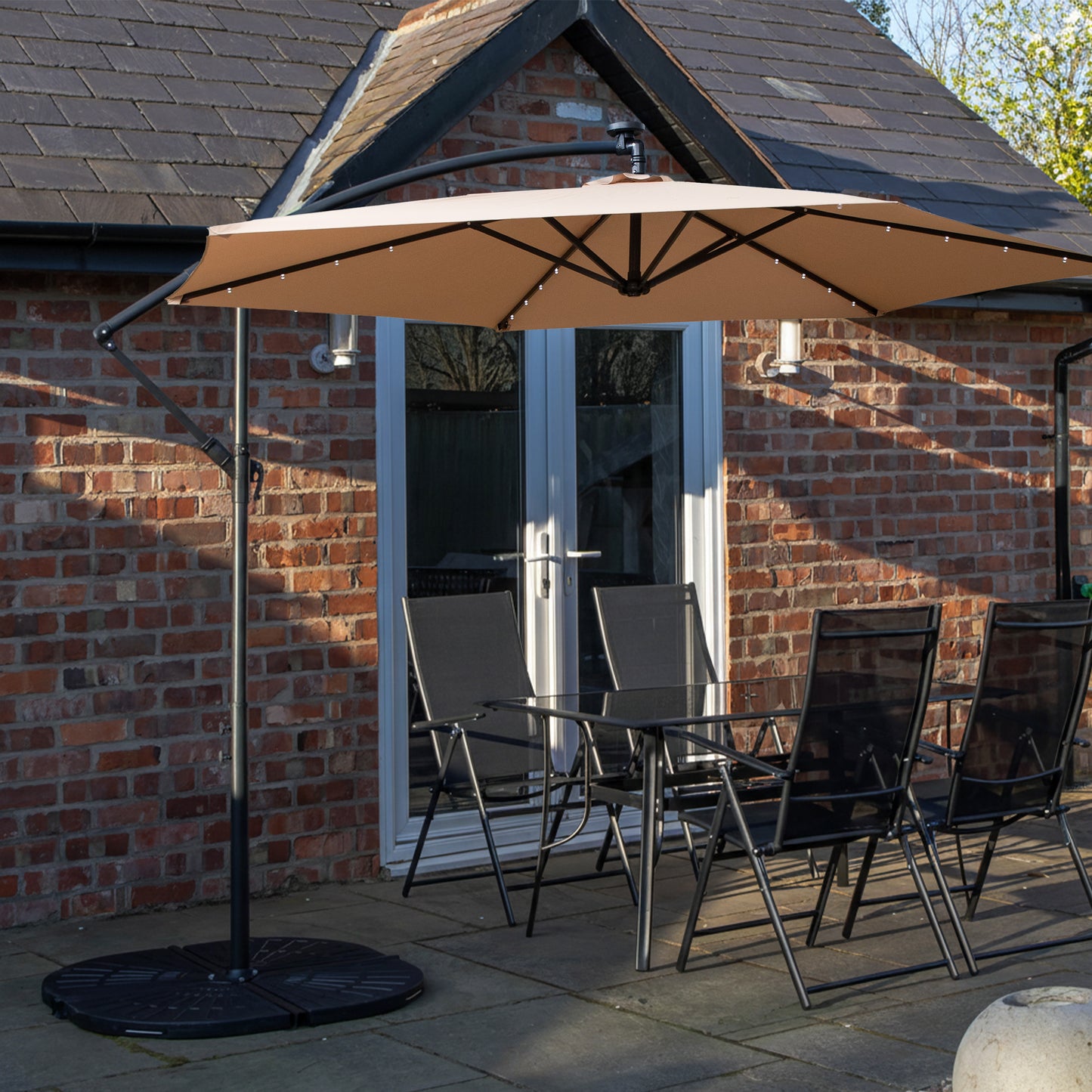 Outdoor 4 Person Rectangular Glass Top Garden Dining Table Chairs With Beige Banana Lit Parasol and Base Set