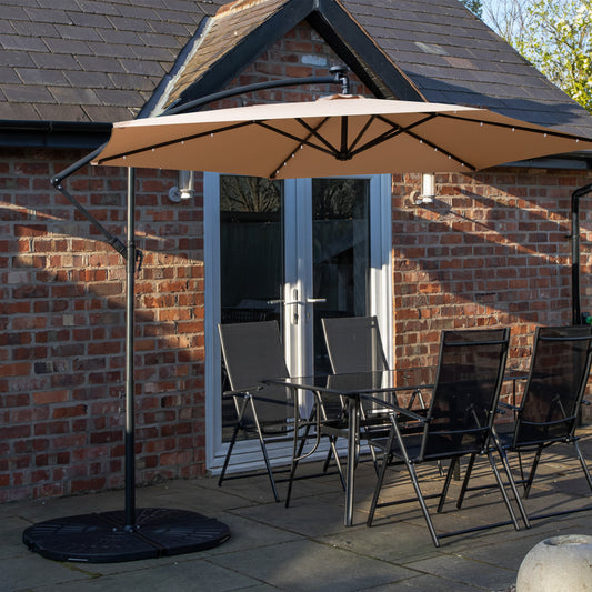 Outdoor 4 Person Rectangular Glass Top Garden Dining Table Chairs With Beige Banana Lit Parasol and Base Set