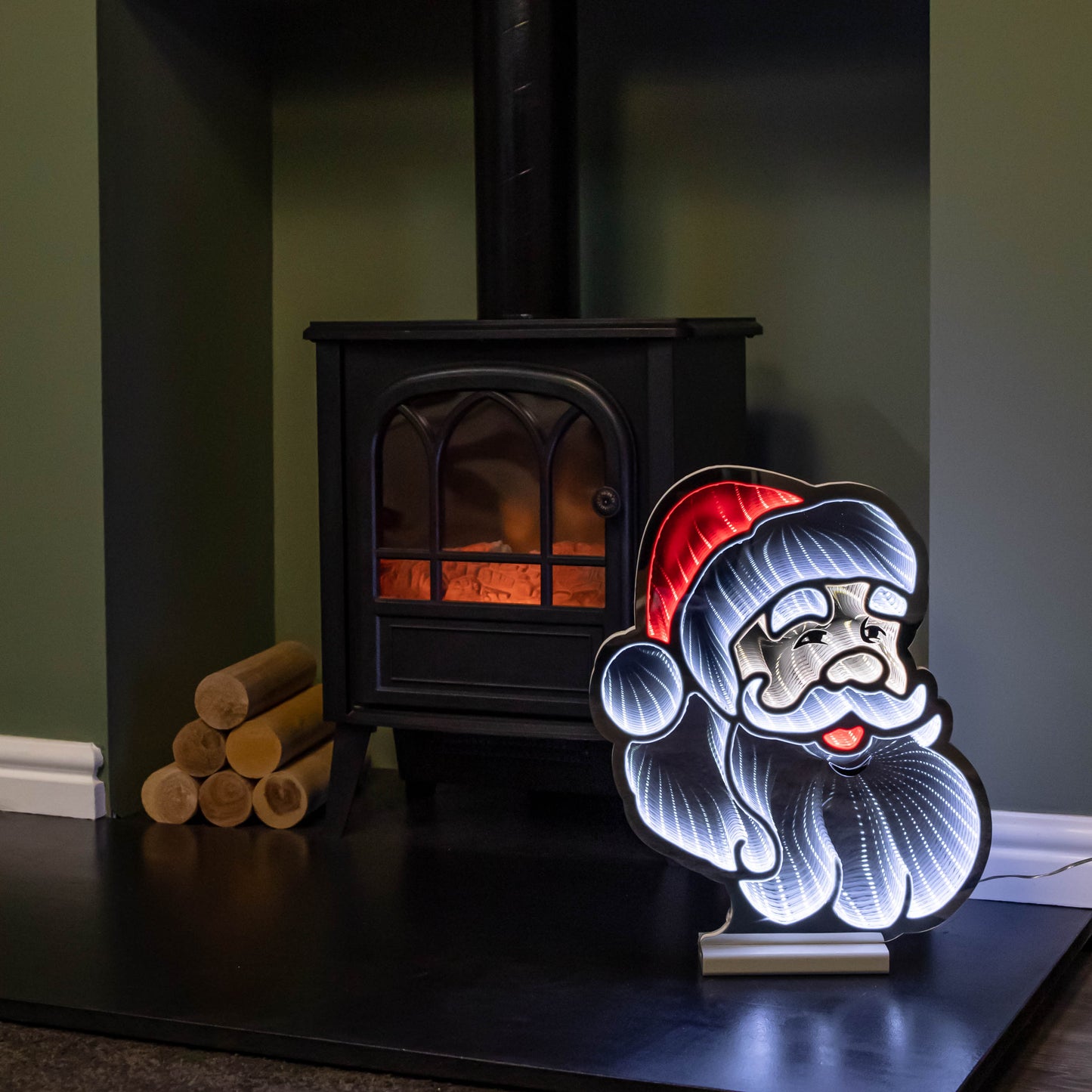 40cm Infinity Santa's Head Christmas Decoration on Wooden Base with Red & White LEDs 