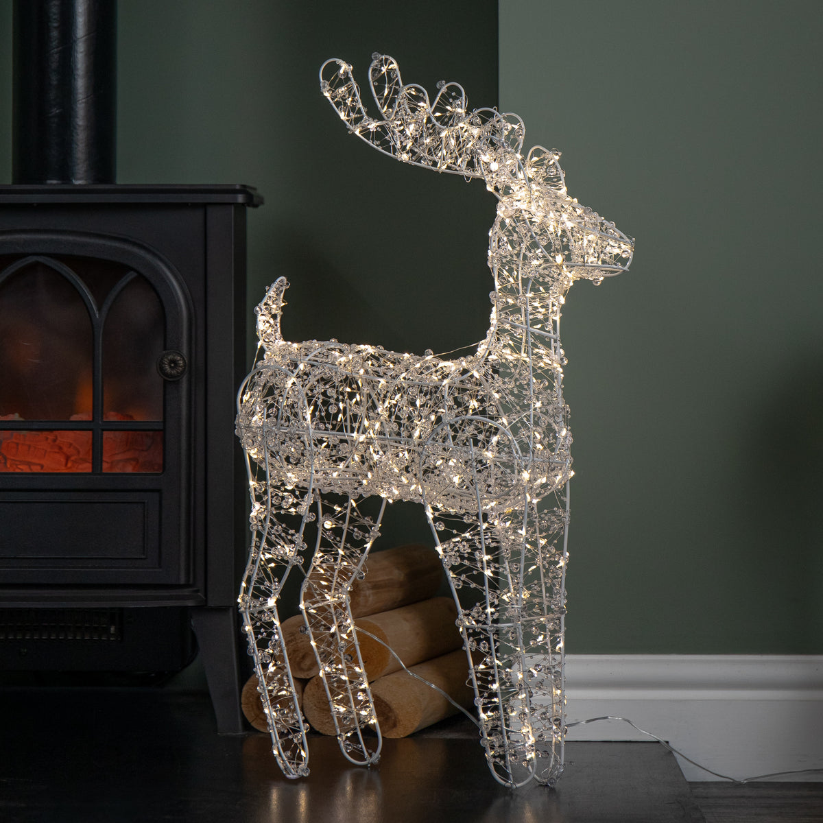 60cm Light up Clear Beaded Christmas Reindeer Decoration with 500 Warm White LEDs