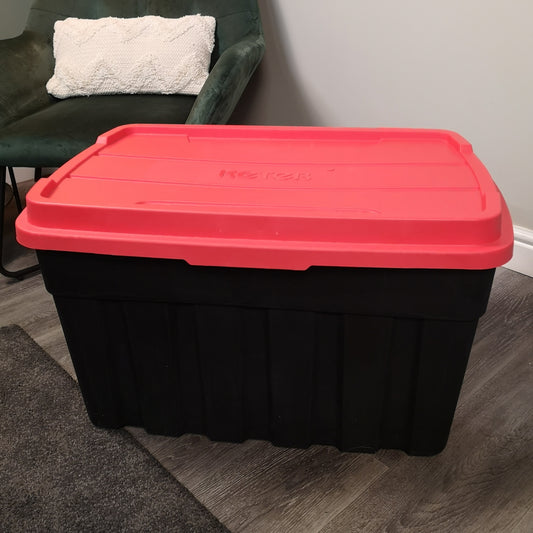 140L Black and Red Tuff Stackable Storage Box with Lid and Carry Handles