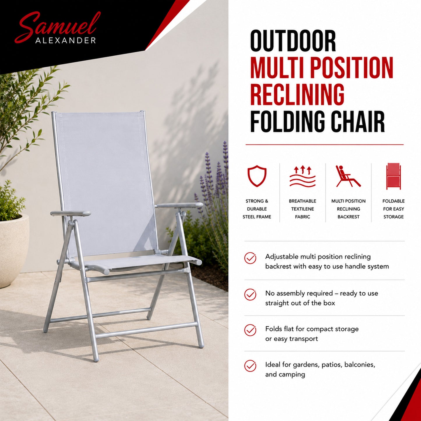 Outdoor Garden Patio Multi Position Reclining Folding Chair in Grey