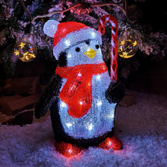 30cm LED Soft Acrylic Penguin with Candy Cane Christmas Decoration