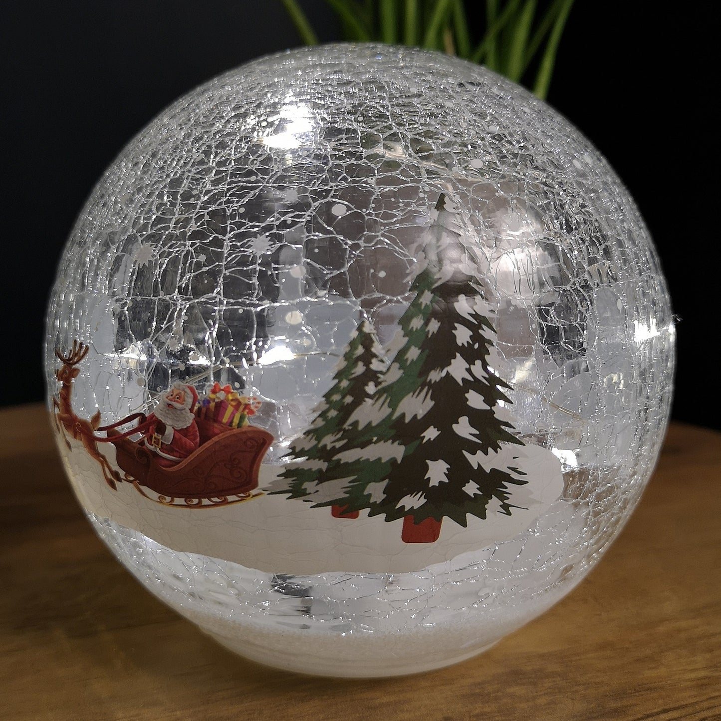 15cm Battery Operated Warm White LED Crackle Effect Ball Christmas Decoration with Reindeer and Sleigh