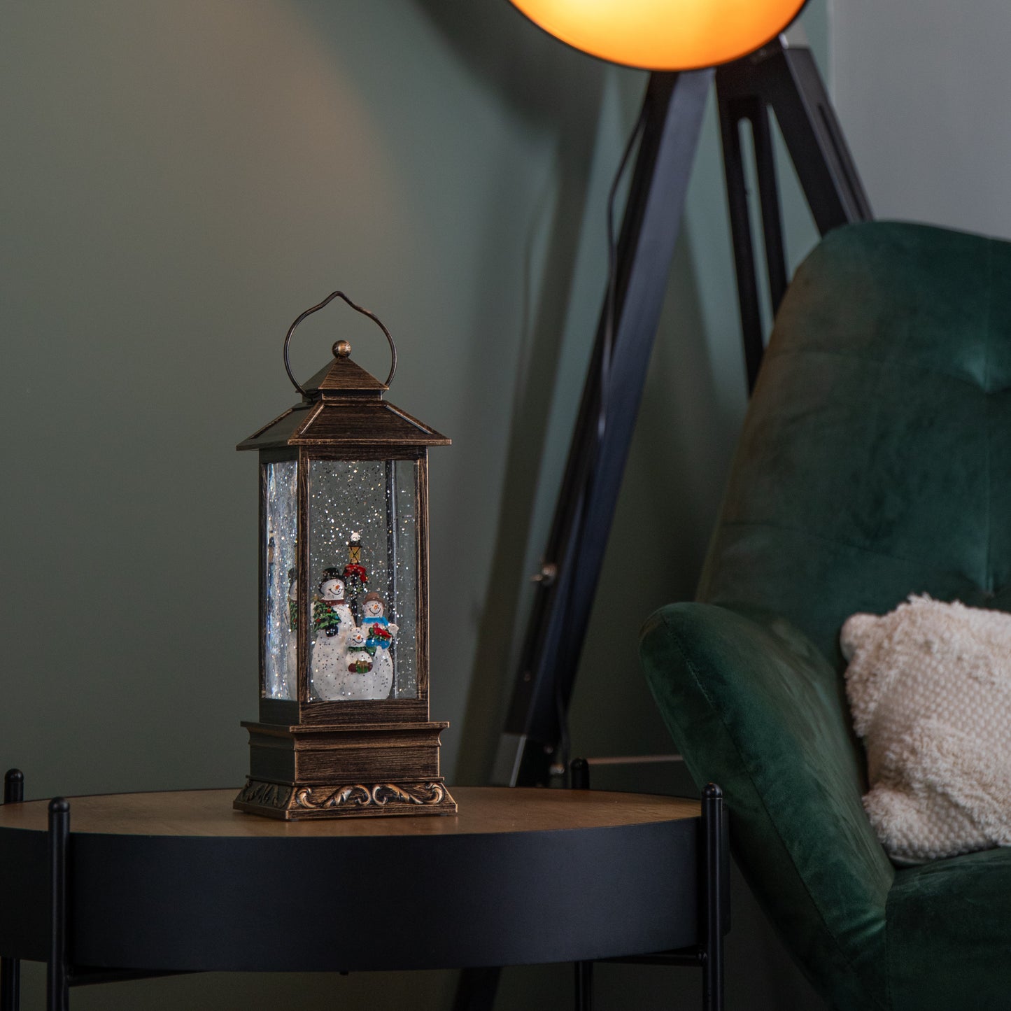 27cm Battery Operated Light up Bronze Christmas Water Spinner with Snowman Scene & LEDs