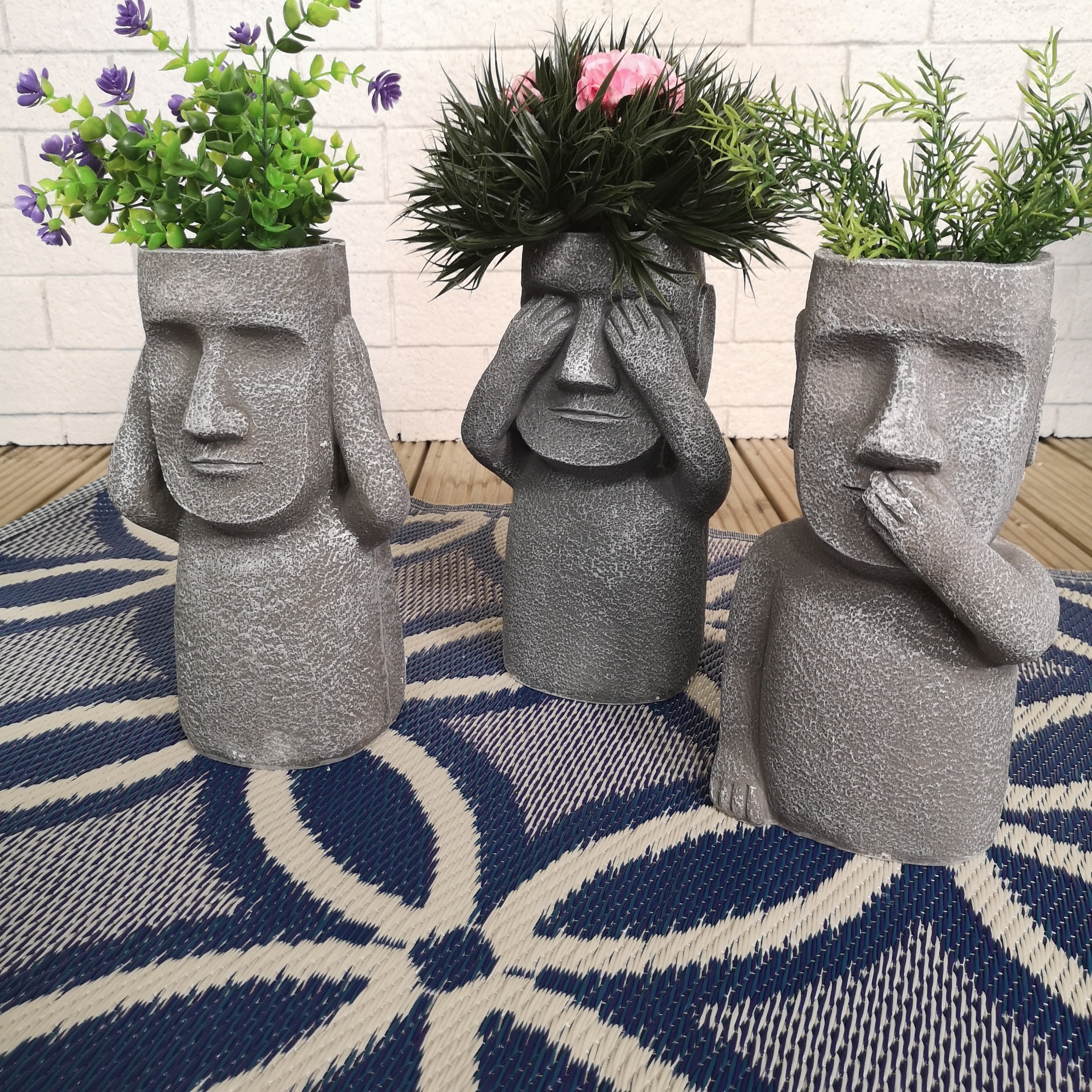 3 x 30cm Easter Island Speak See Hear No Evil Garden Patio Decoration Sculptures Plant Pots