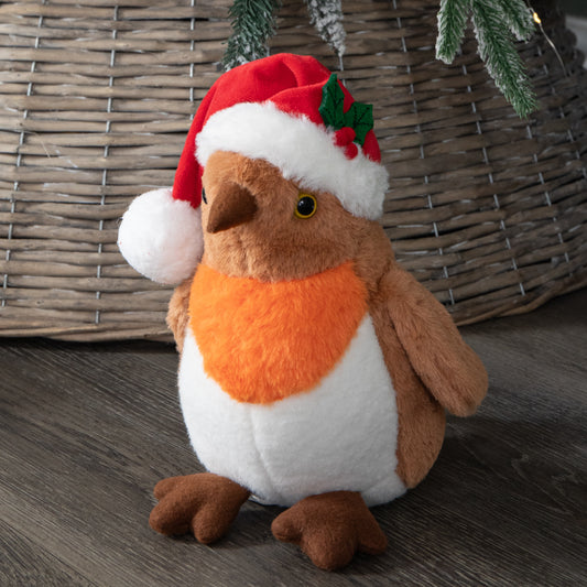 23cm Plush Christmas Robin Decoration with Santa Hat