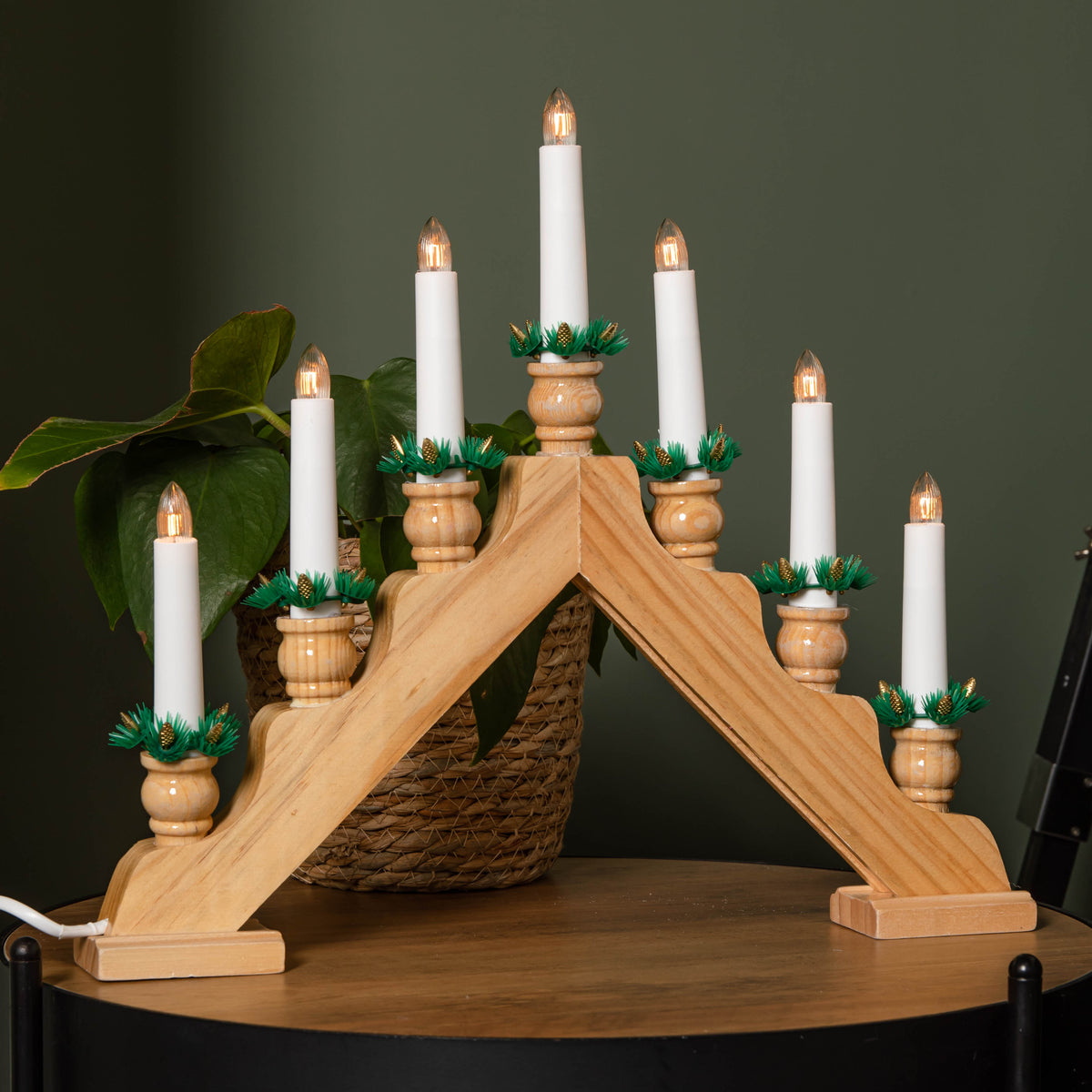 40cm Light up Brown Wooden Christmas Candle Bridge with 7 Warm White LEDs