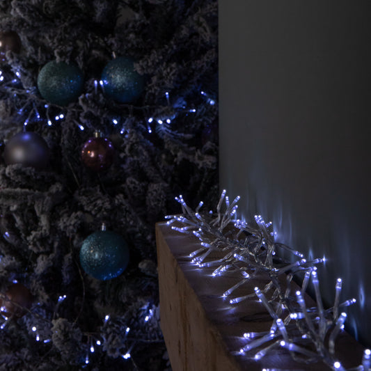 9.3m 720 LED Christmas Cluster String Lights with Timer in White on Clear Cable