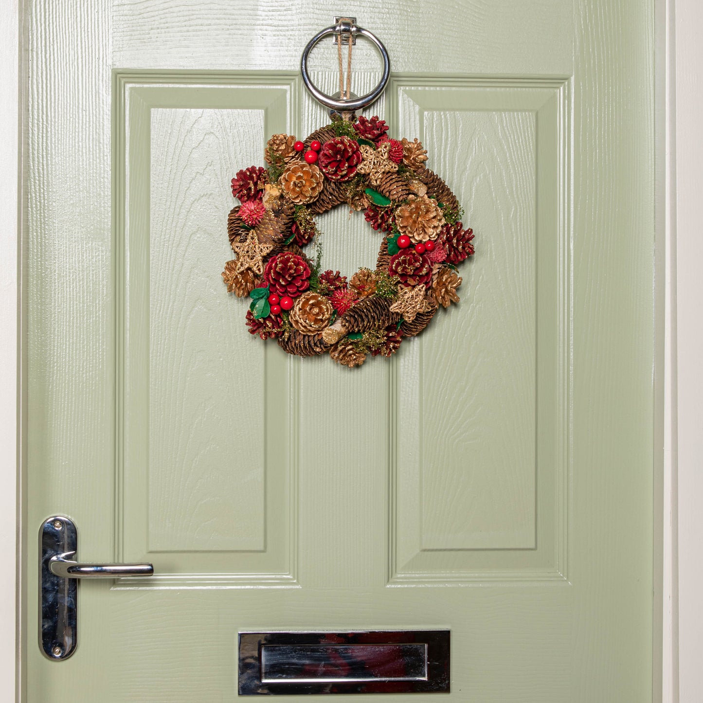 30cm Red Hanging Christmas Wreath with Red Berries and Pinecones 