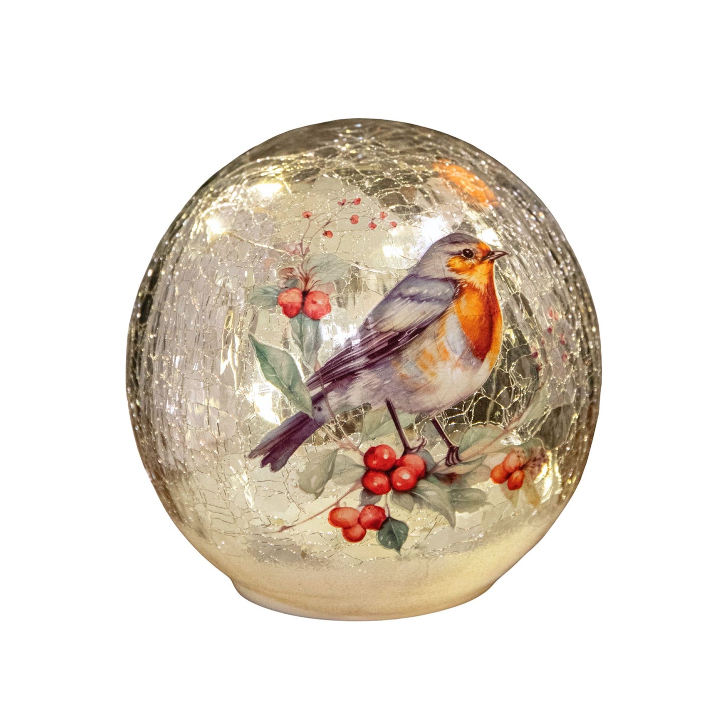 20cm Battery Operated Light up Robin Crackle Glass Ball with 15 Warm White LEDs