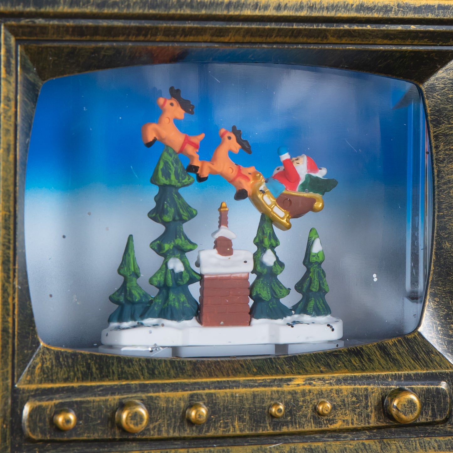 22cm Battery Operated Light up Antique Gold TV Christmas Water Spinner with Santa Scene & LEDs