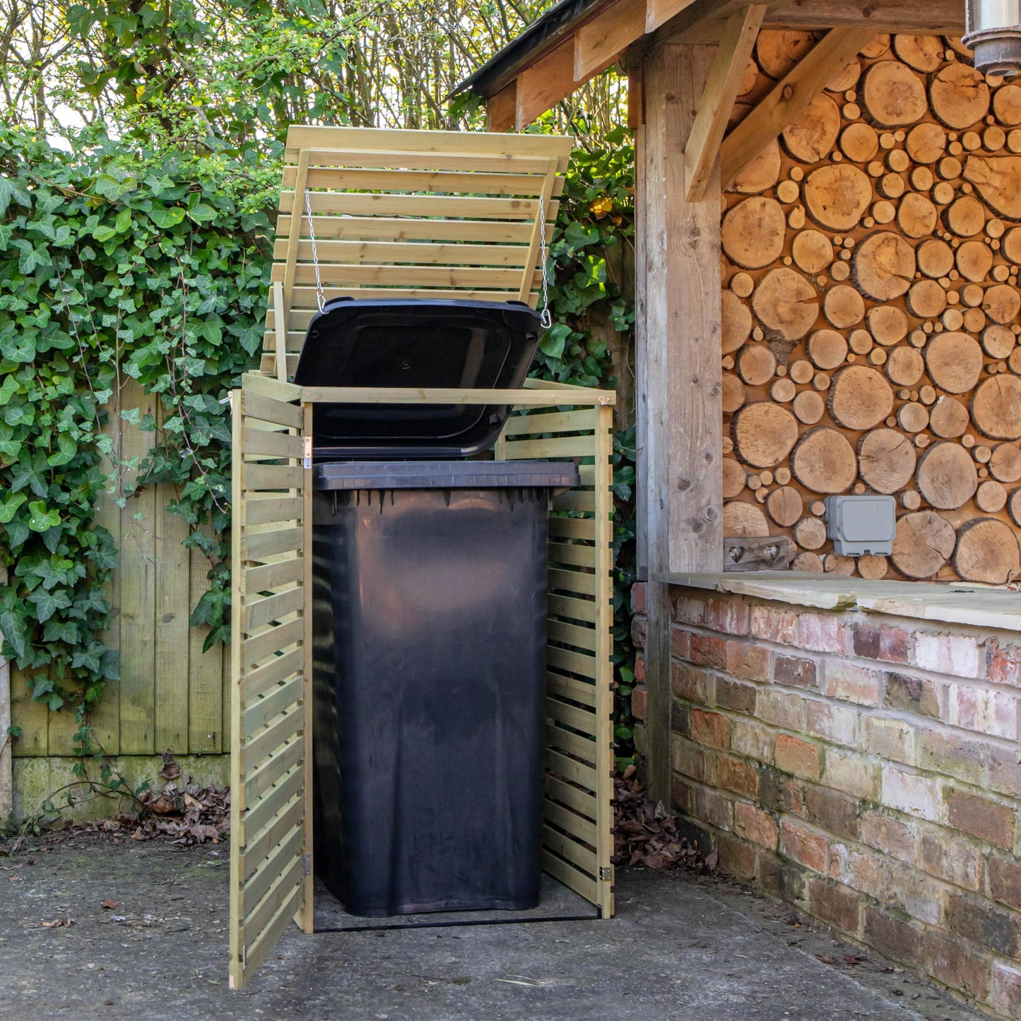 Factory Seconds 68cm x 1.2m Wooden Outdoor Garden Single Wheelie Bin Store Storage