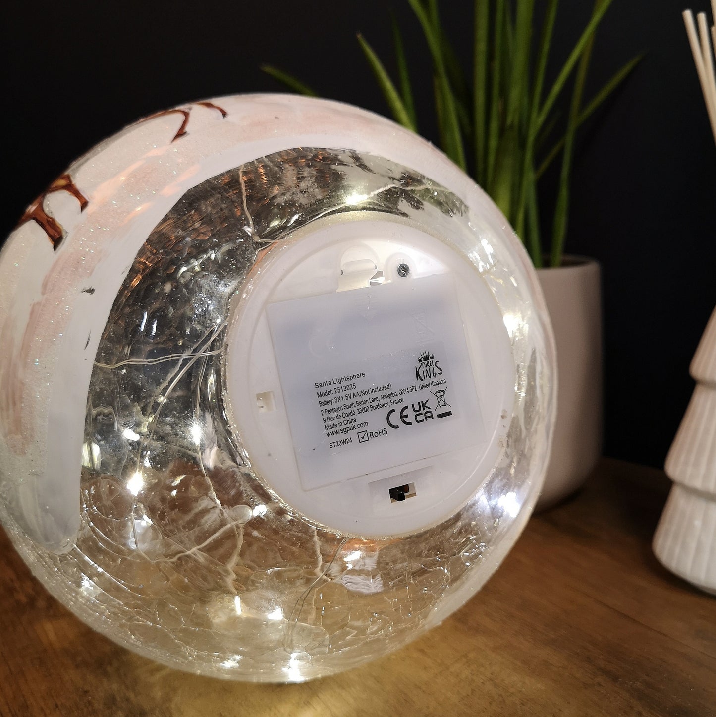 20cm Battery Operated Warm White LED Crackle Effect Ball Christmas Decoration with Santa