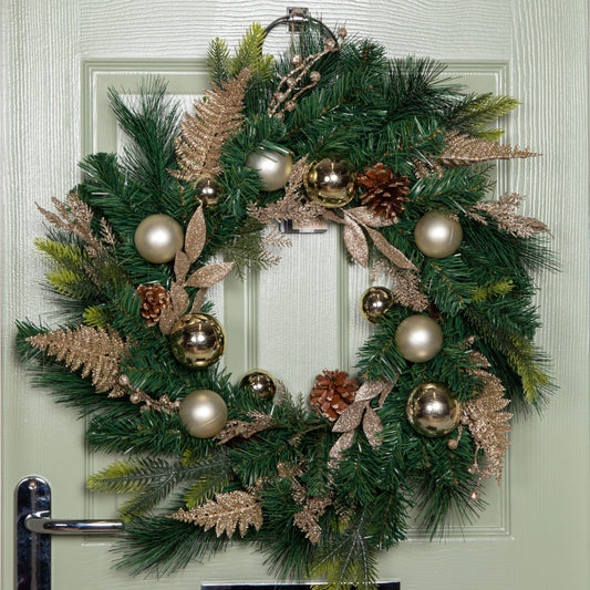 60cm Hanging Christmas Wreath with Gold Baubles, Pinecones & Glitter Berries