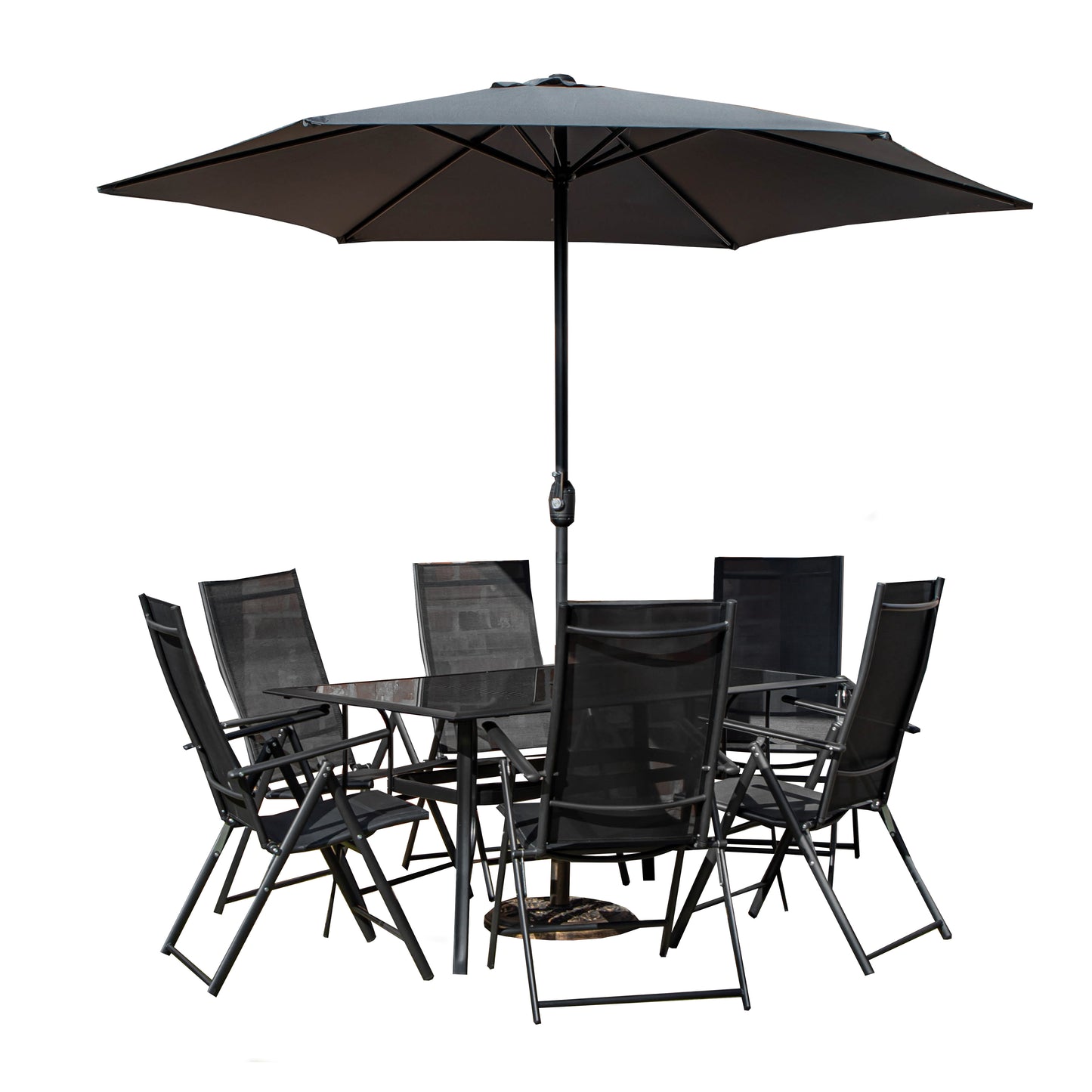Outdoor 6 Person Rectangular Glass Top Garden Dining Table Chairs With Grey Havana Parasol and Base Set