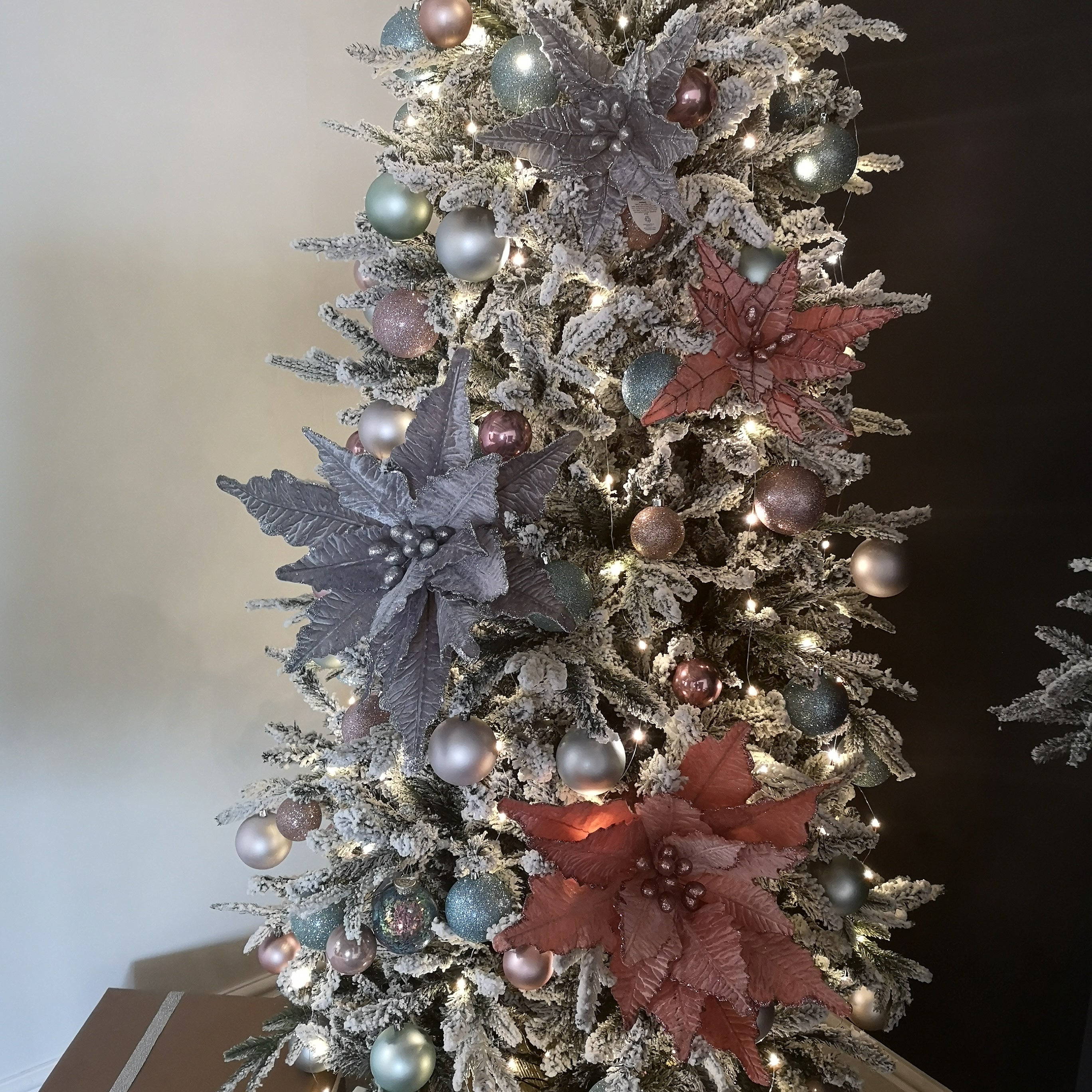 68cm Silver Velvet Poinsettia Stem with 2 Flowers Christmas Decoration