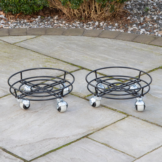 Pack of 2 Tom Chambers Handcrafted Heavy Duty Round Black Metal Garden Patio Plant Flower Pot Stand Caddy Trolley Dolly on Strong Metal Castor Wheels 32cm