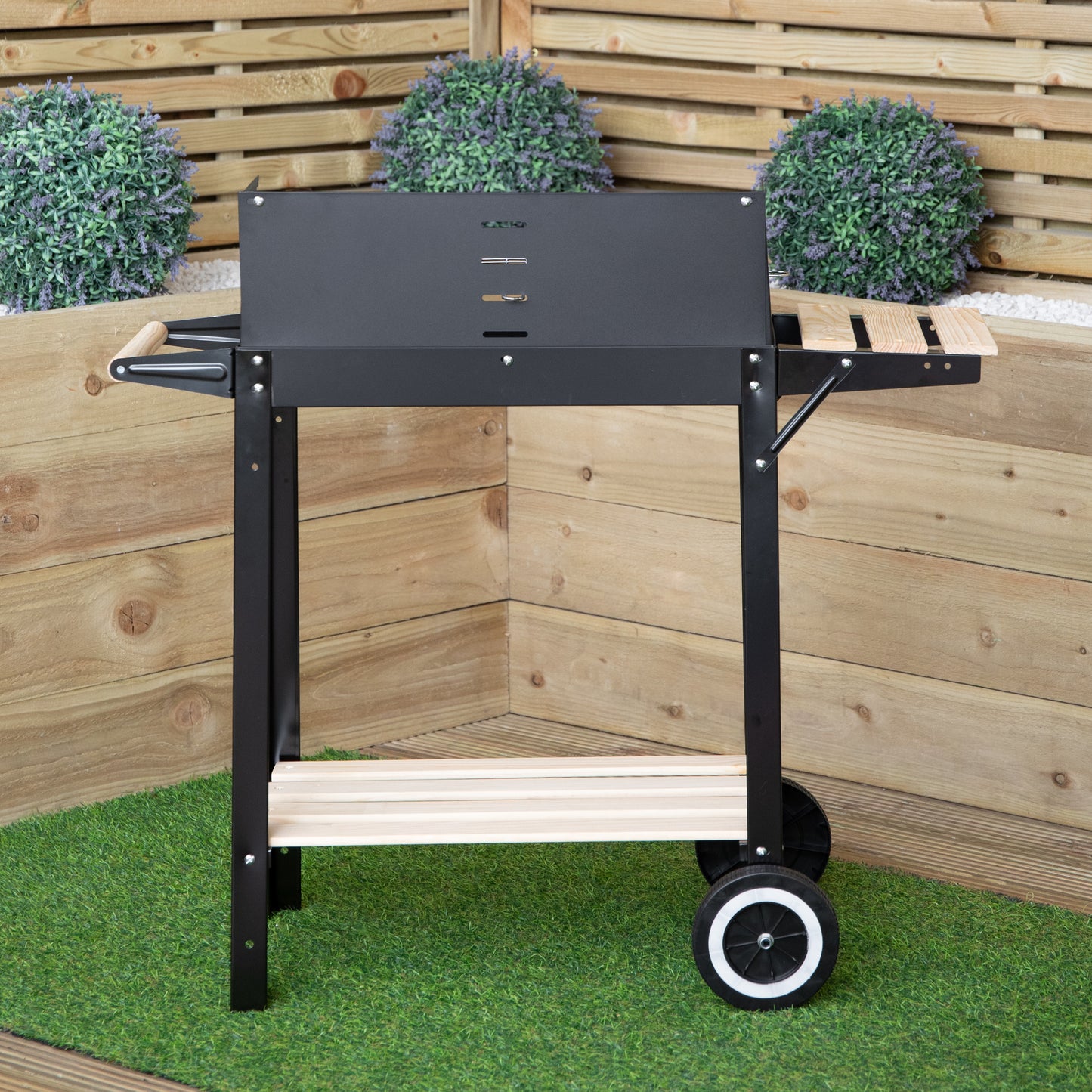 82 x 29cm Charcoal BBQ Grill Trolley with Shelves on Wheels