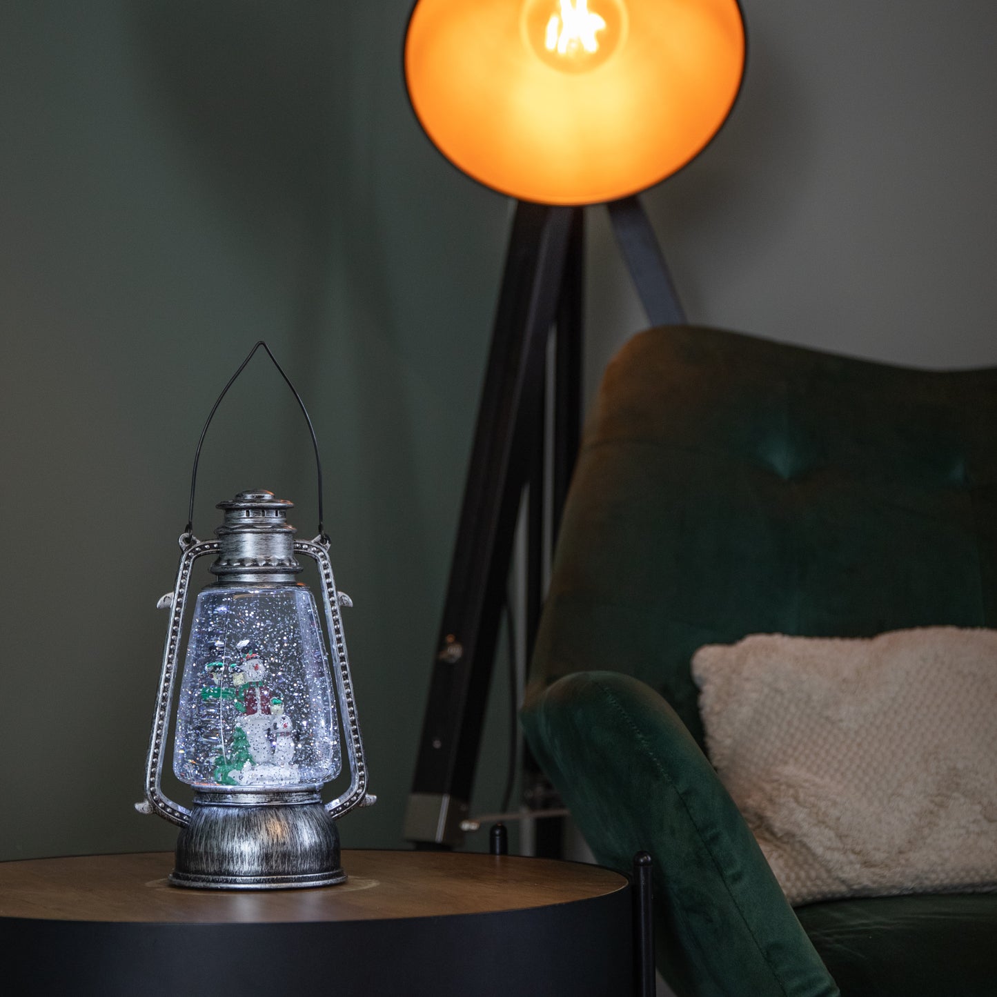 24cm Dual Powered Light up Silver Antique Lantern Christmas Water Spinner with Snowman Scene