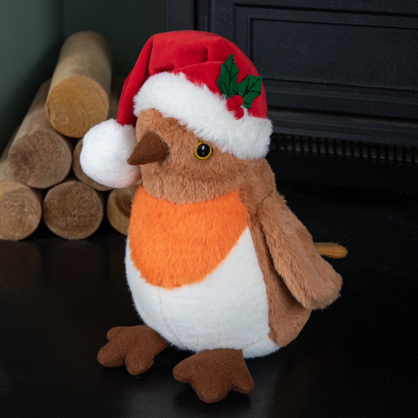 23cm Plush Christmas Robin Decoration with Santa Hat