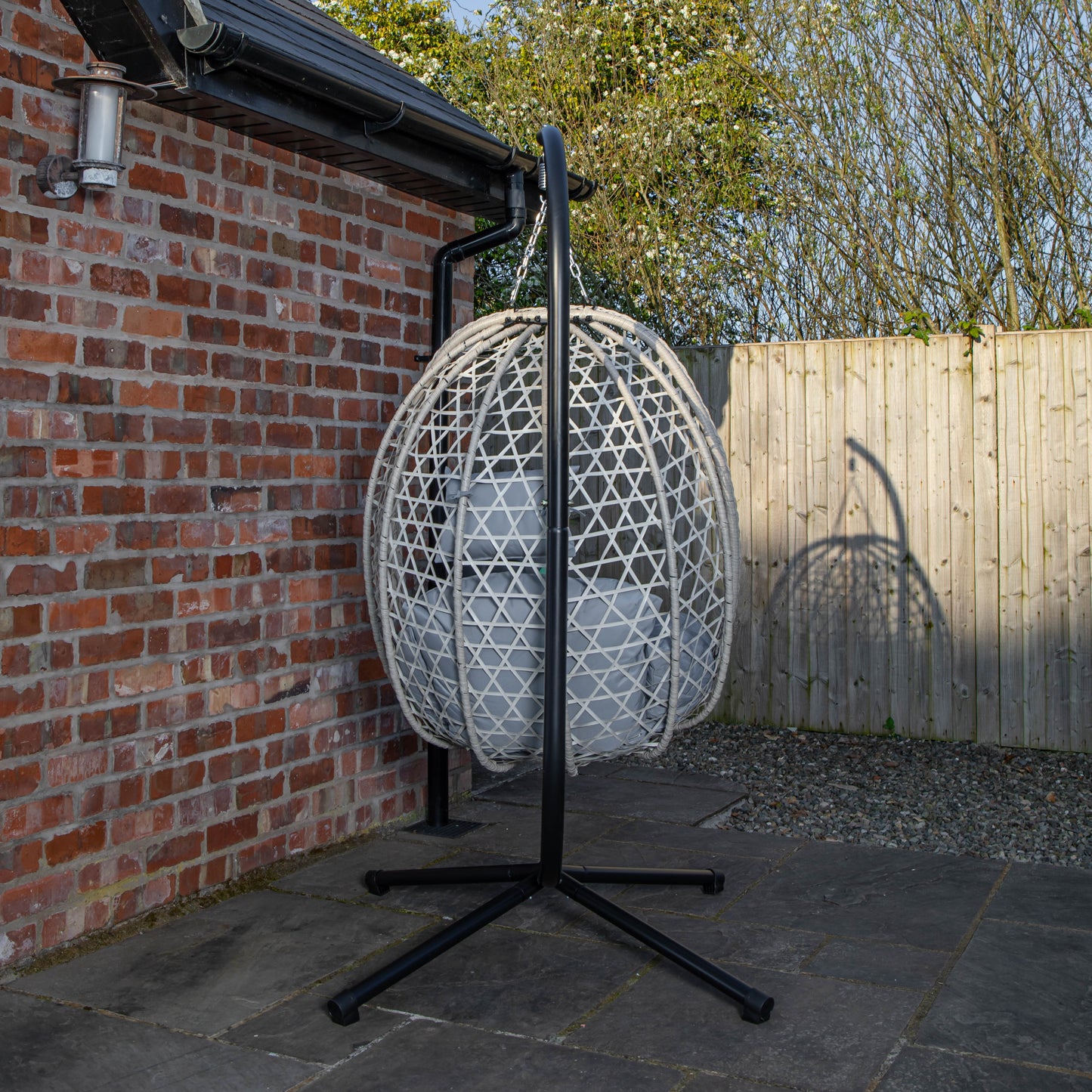 Samuel Alexander Hanging Garden Rattan Egg Chair with Steel Frame and Waterproof Cover in Cool Grey