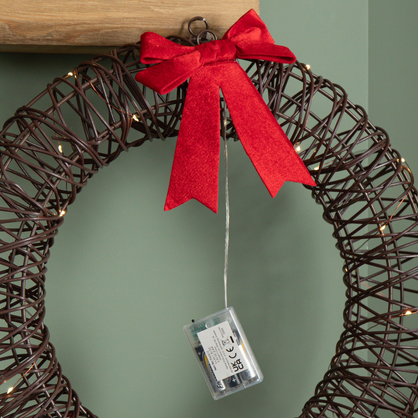 50cm Battery Operated Light up Christmas Wreath with Red Bow & 40 Warm White LEDs