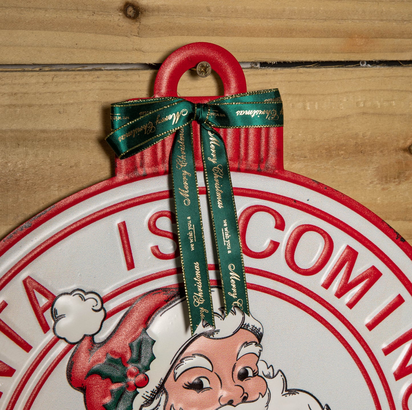 47cm Round Metal Santa is Coming to Town Sign - Red & White