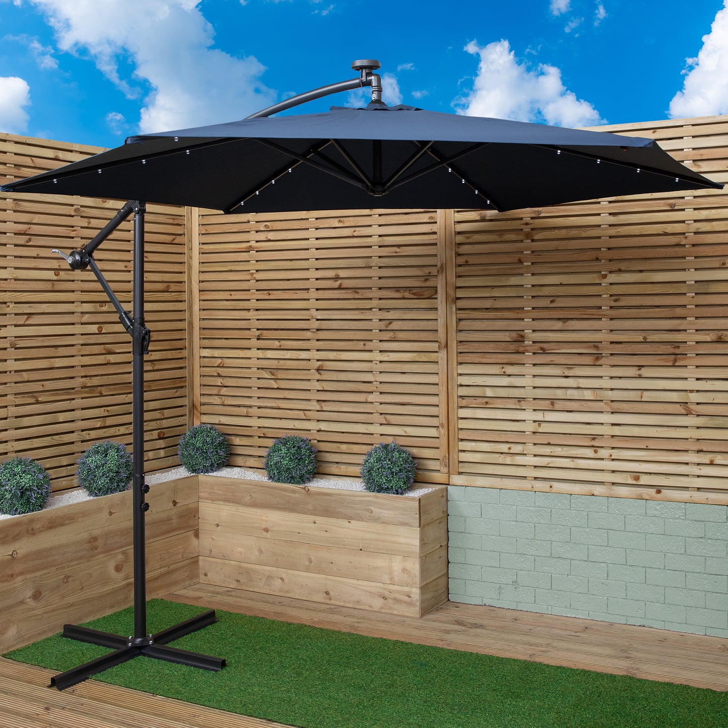 3m Solar Powered Lit Banana Cantilever Garden Parasol with LEDs & Base Weights Included in Blue