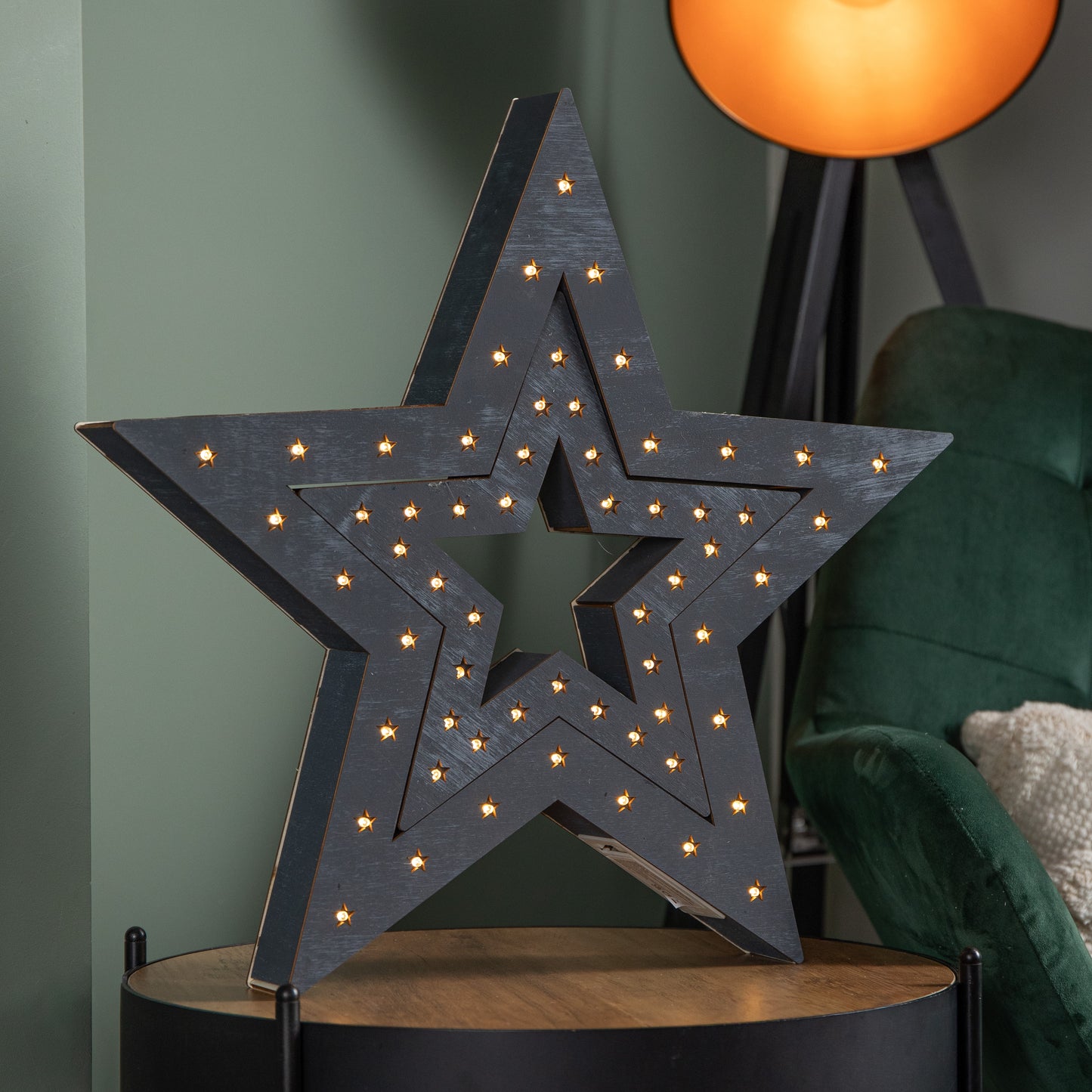 Set of 2 Battery Operated Light up Wooden Christmas Stars with 60 Warm White LEDs