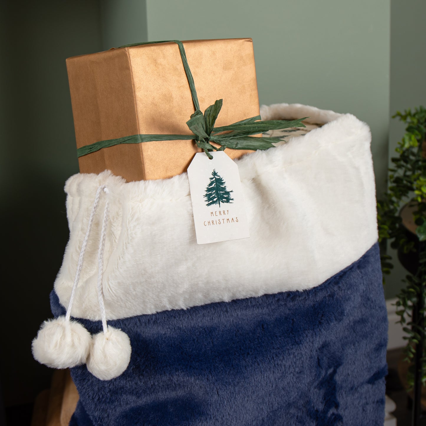 80 x 55cm Blue Soft Plush Christmas Sack with White Faux Fur Trim and Pom Poms
