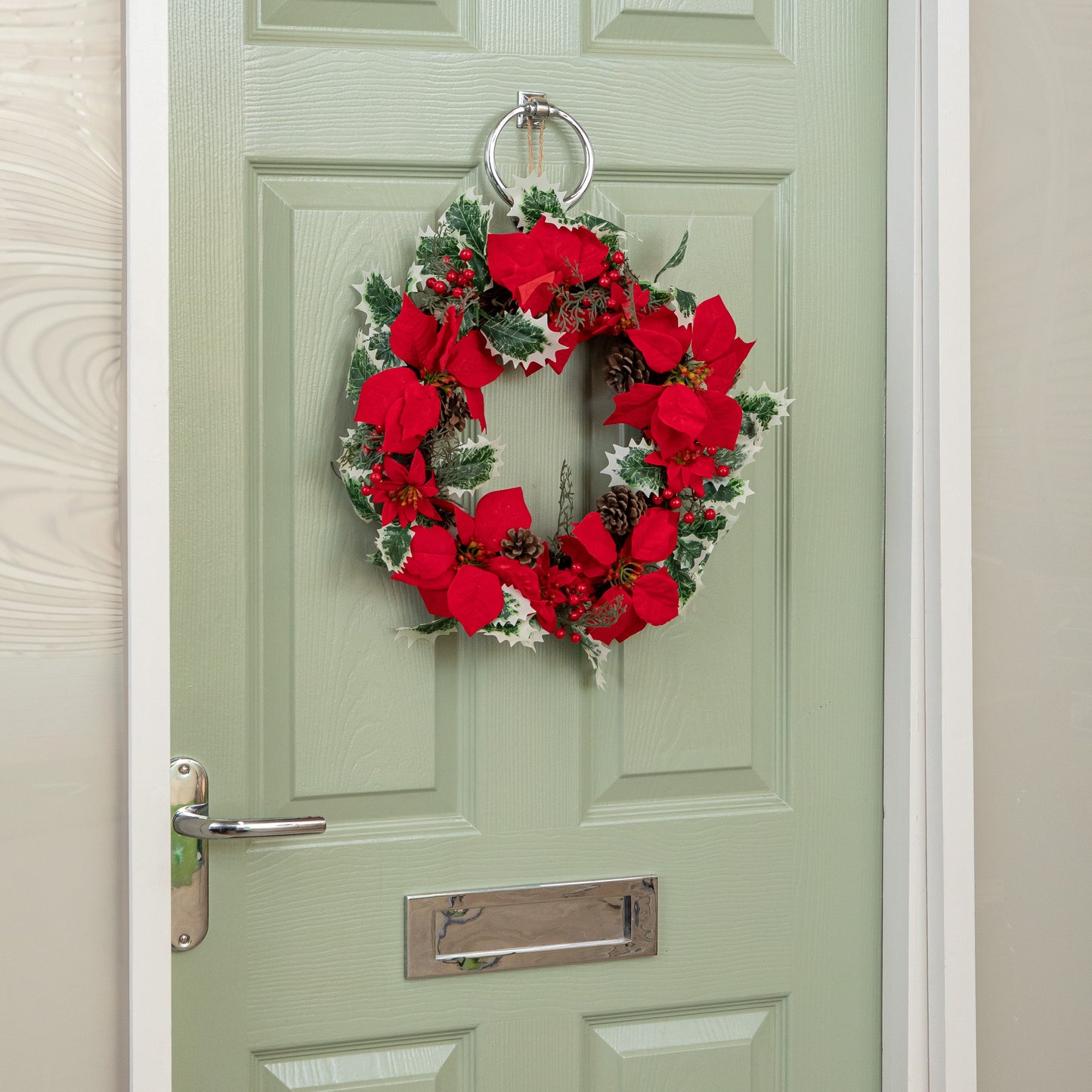 40cm Red Hanging Christmas Poinsettia Wreath with Berries and Pinecones