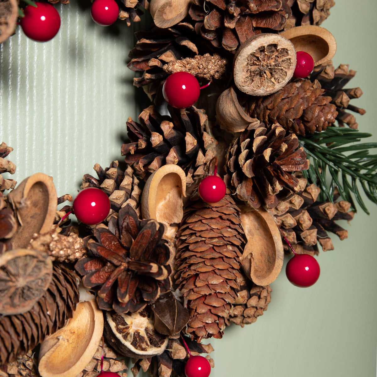 30cm Winter Spice Hanging Christmas Wreath with Pine Cones Red Berries & Dried Fruit