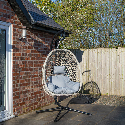 Samuel Alexander Hanging Garden Rattan Egg Chair with Steel Frame and Waterproof Cover in Cool Grey