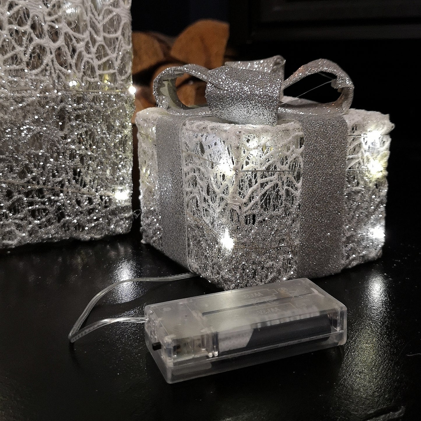 Set of 3 Battery Operated Silver Sparkly Christmas Gift Boxes with LEDs
