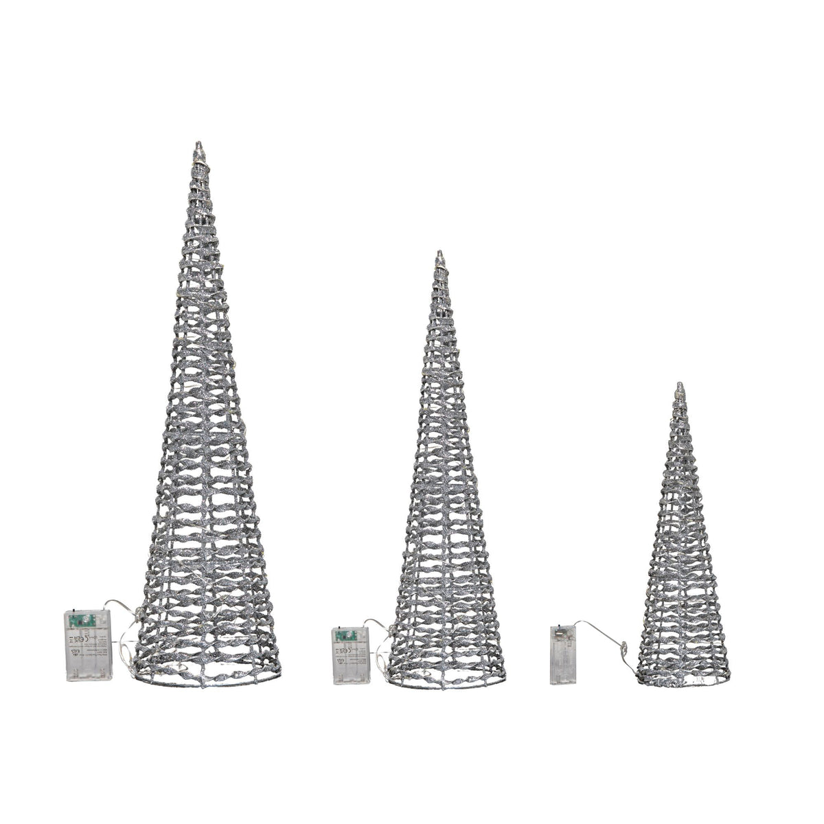 Set of 3 Silver Glitter Twist Christmas Cone Trees with 90 Cool White LEDs 