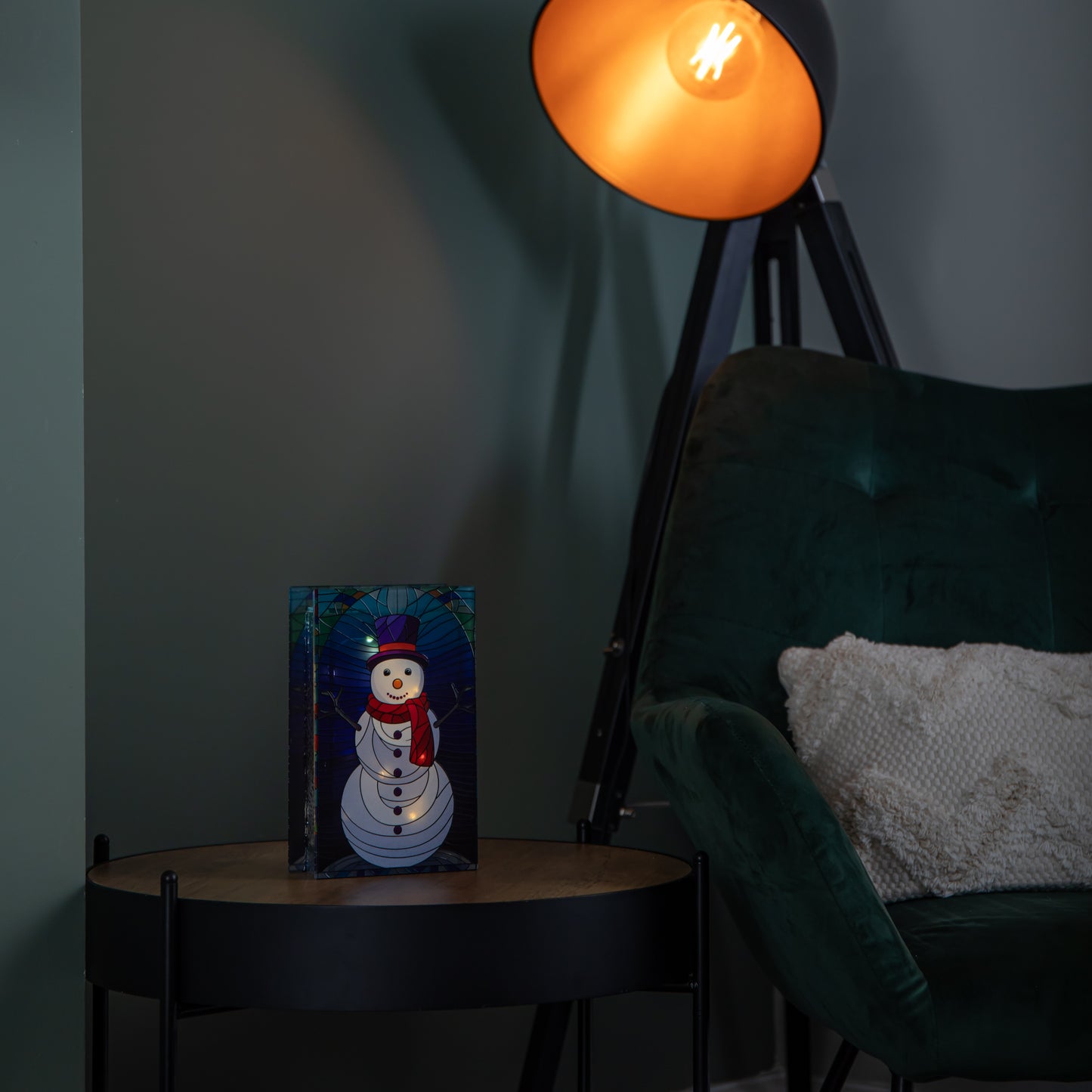21cm Battery Operated Light up Double Sided Stained Glass Snowman Decoration with LEDs