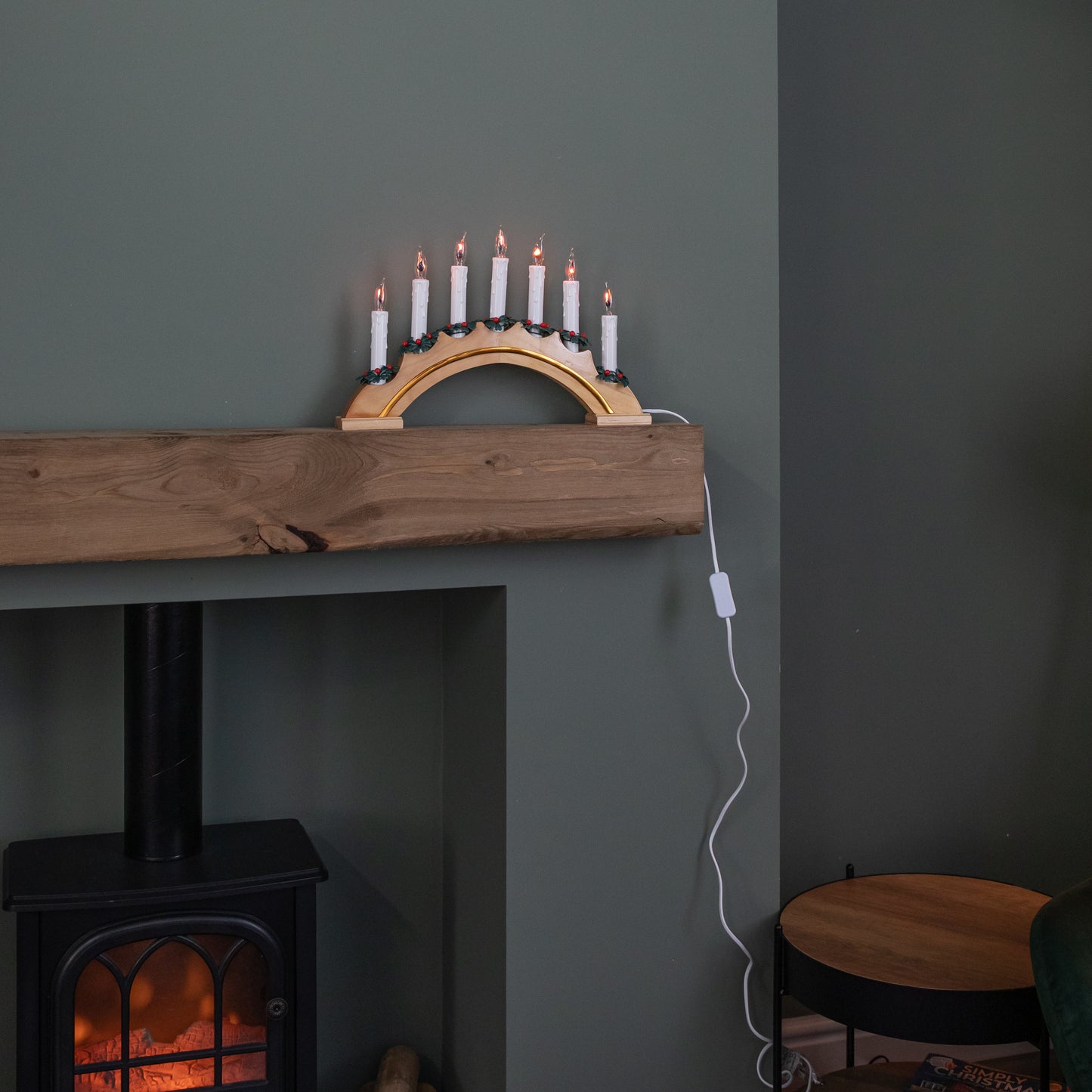 42cm Light up Wooden Arch Christmas Candle Bridge with 7 Flickering LED Candles