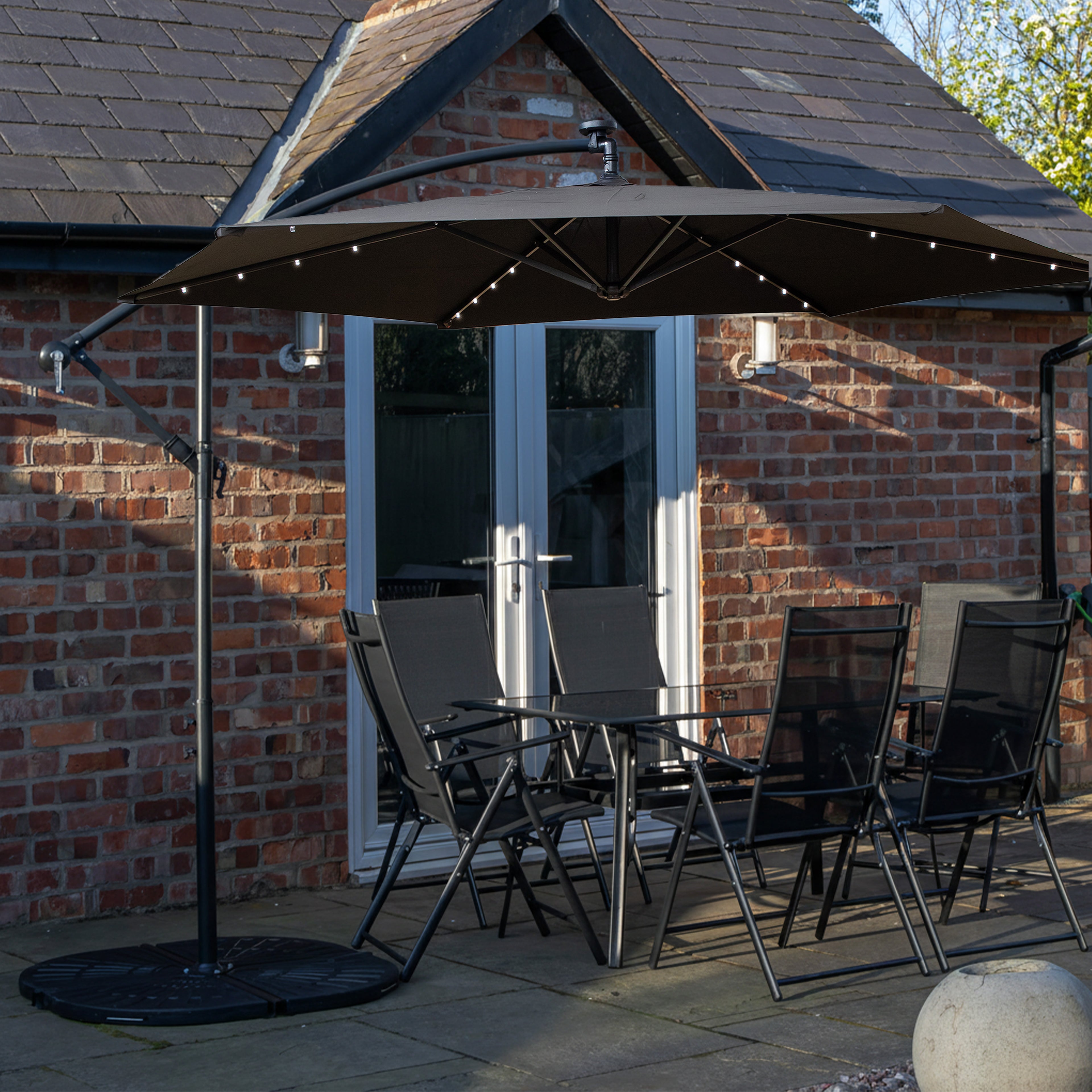 Outdoor 6 Person Rectangular Glass Top Garden Dining Table Chairs With Grey Banana Lit Parasol and Base Set
