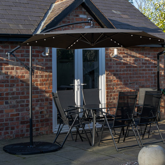 Outdoor 6 Person Rectangular Glass Top Garden Dining Table Chairs With Grey Banana Lit Parasol and Base Set
