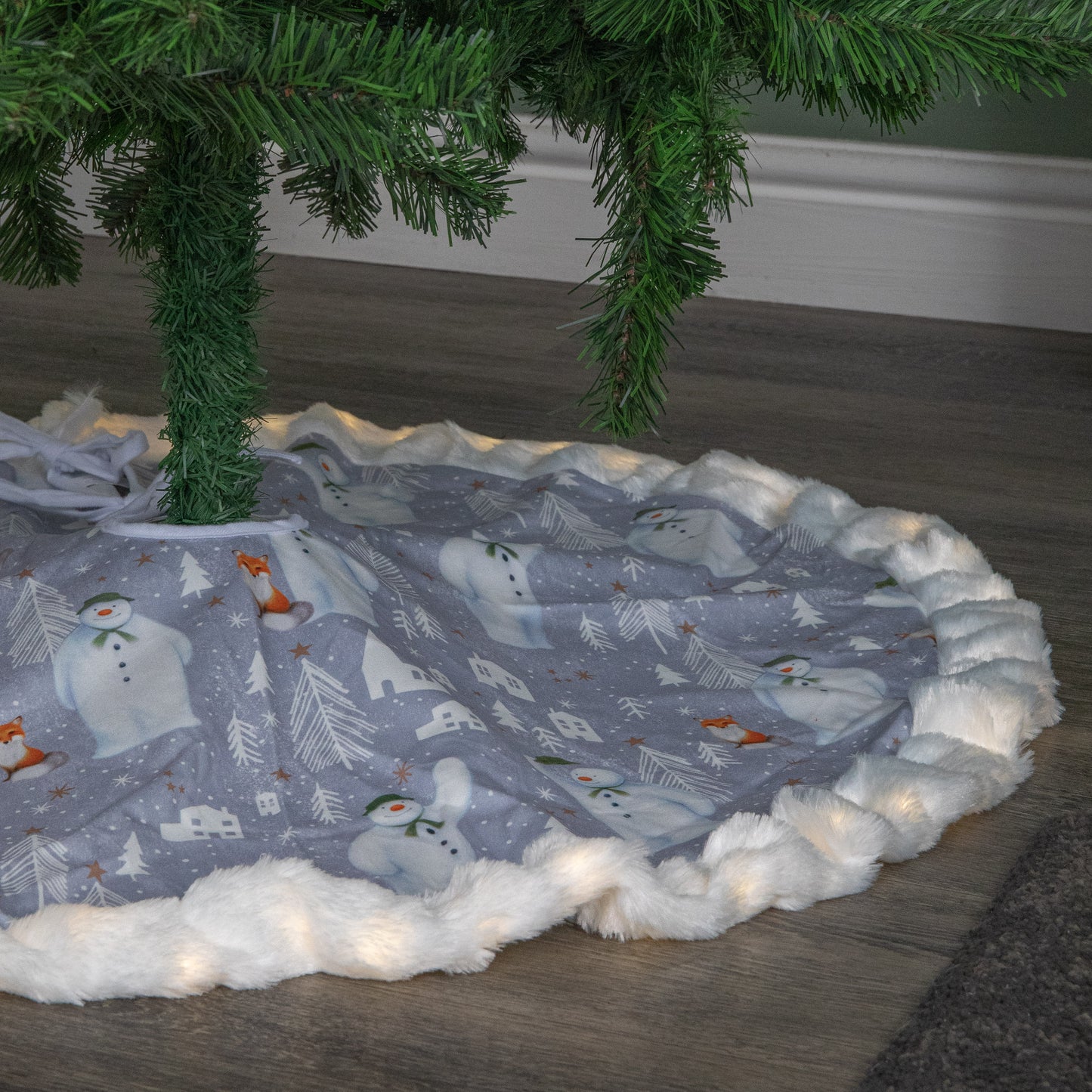 90cm USB Powered Light up The Snowman Fabric Christmas Tree Skirt with LEDs