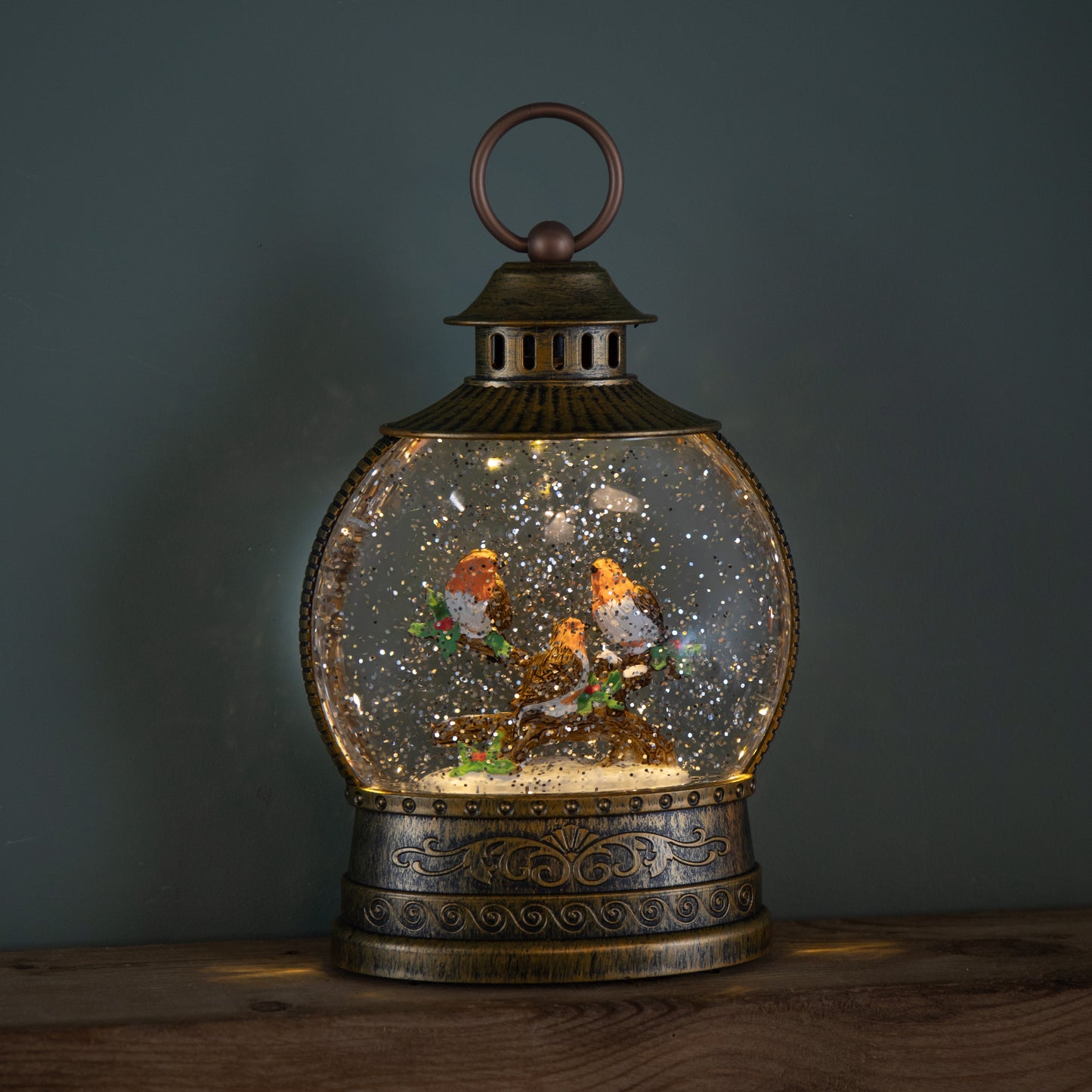 22cm Dual Powered Light up Antique Gold Christmas Robin Water Spinner with LEDs