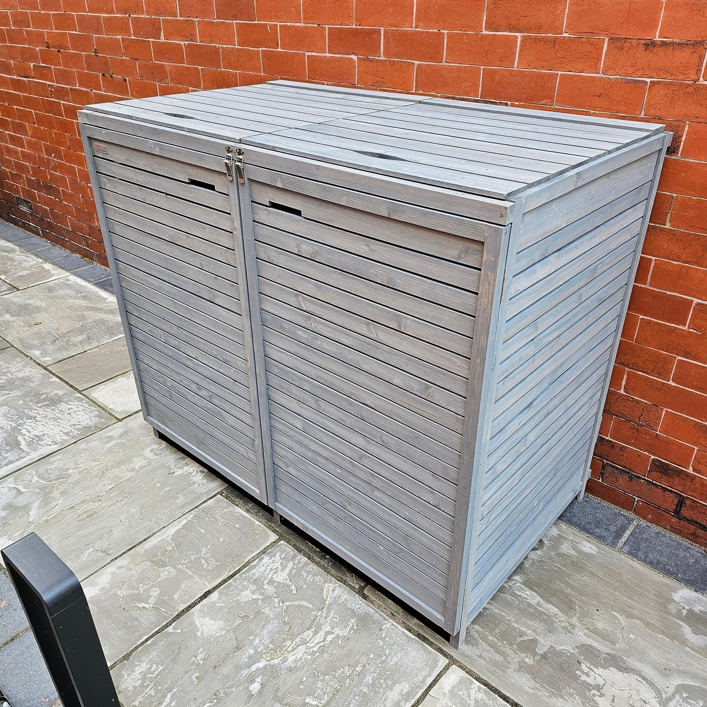 Factory Seconds 1.35m x 1.14m Large Grey Wooden Outdoor Garden Double Wheelie Bin Store Storage for 2 Bins