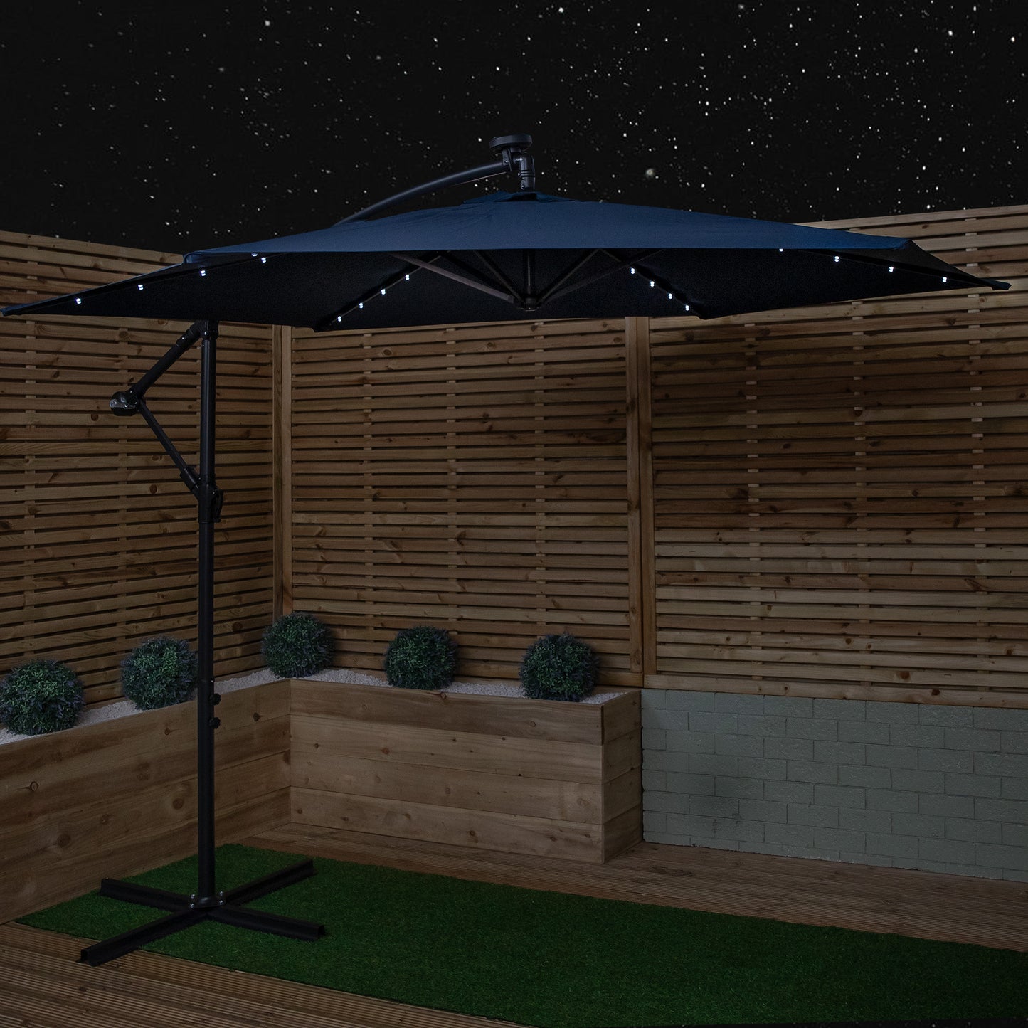 3m Solar Powered Lit Banana Cantilever Garden Parasol with LEDs & Base Weights Included in Blue